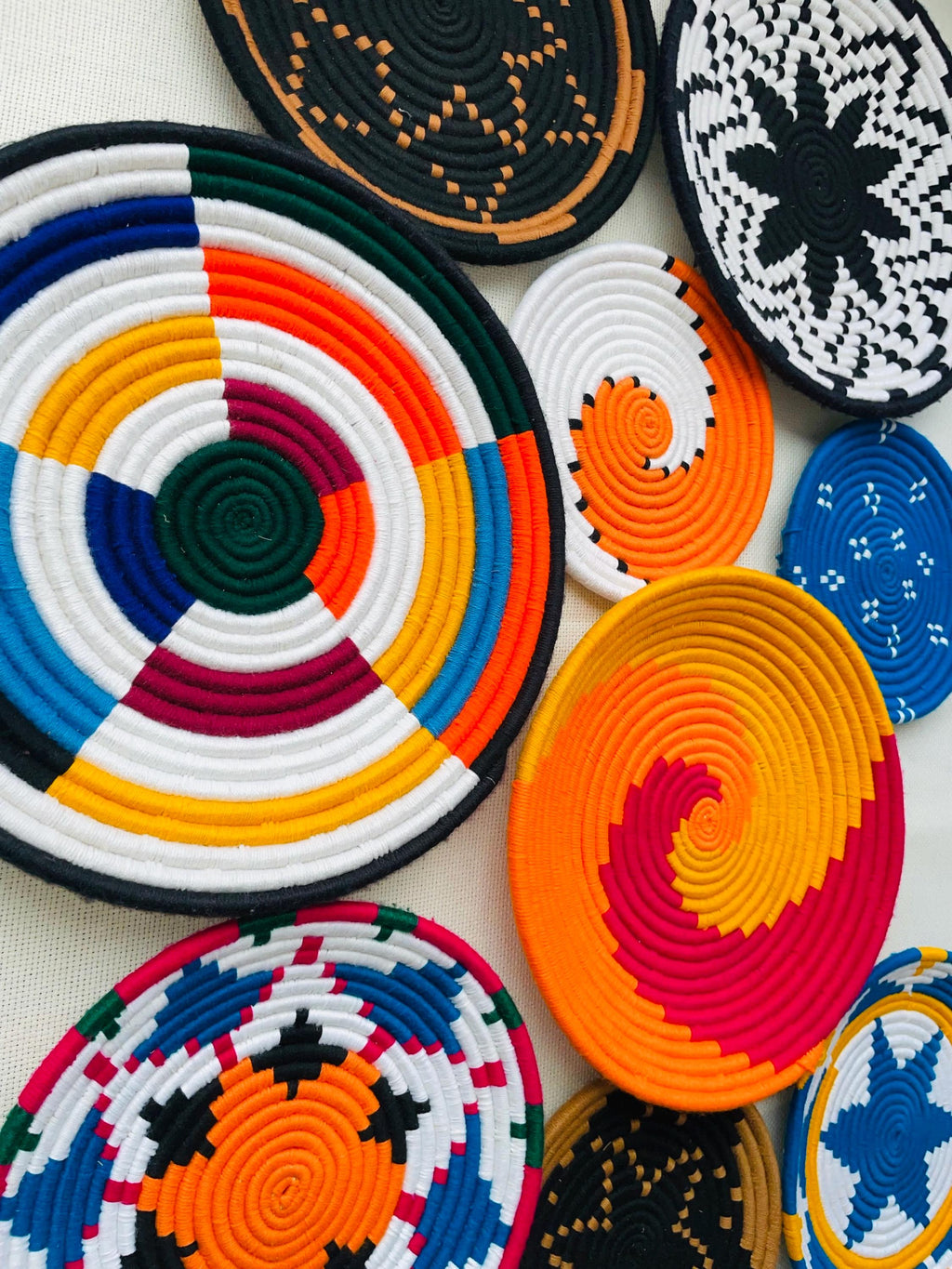 Set Of Nine Handwoven Wall Baskets, Colorful Wall Art, Wall Hanging Plates, Wall Decor, Boho Wall Basket, African Baskets, Sea Grass Baskets