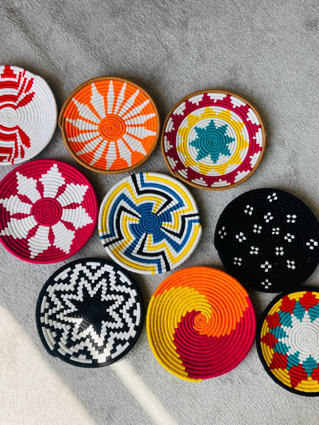 Vibrant wall Hanging Baskets set of 9, African wall baskets, handwoven wall baskets, wall basket set, boho wall baskets, assorted baskets
