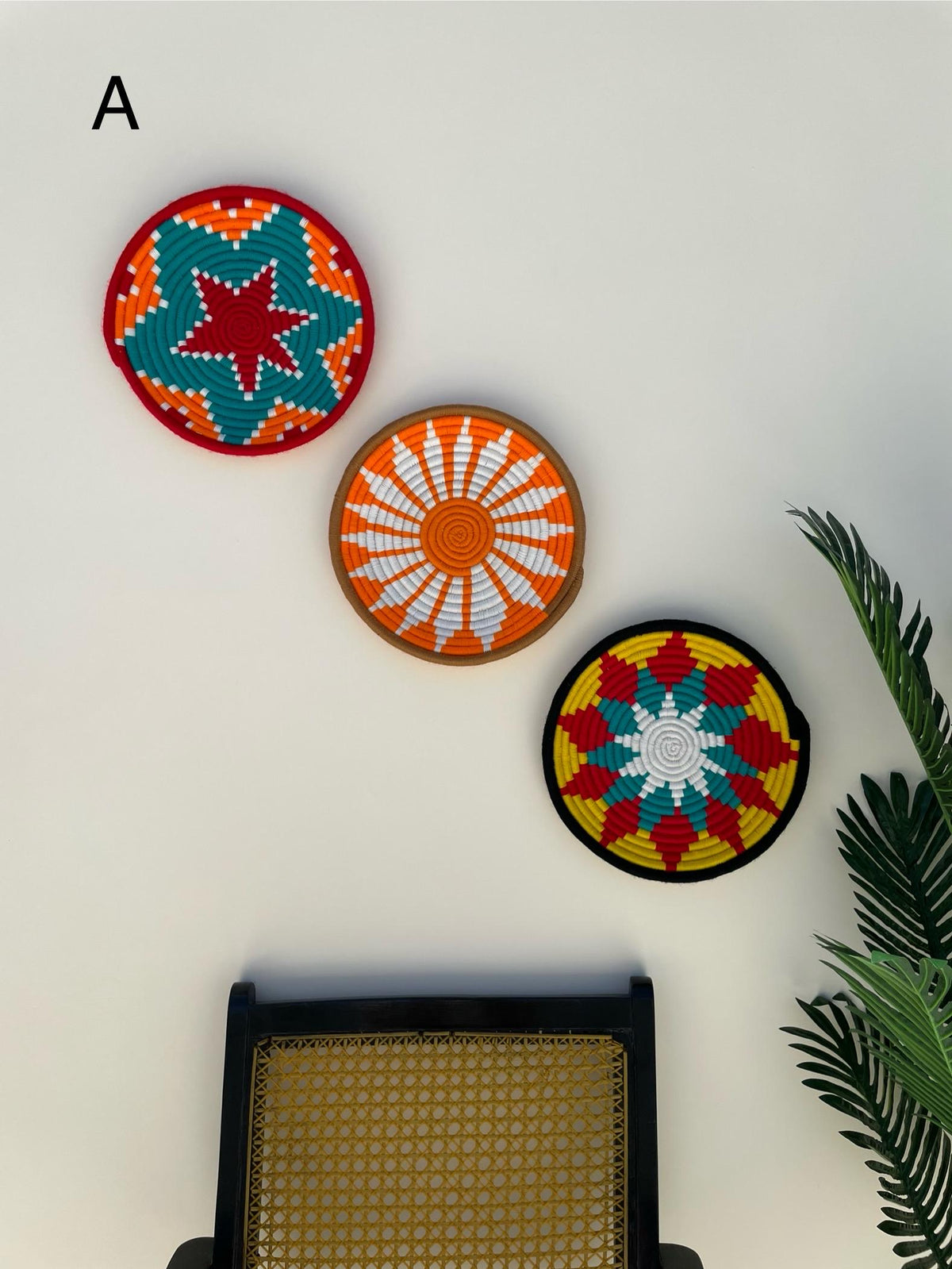 Set of 3 Handwoven Wall Baskets - Tribal Design Wall Hangings - Colorful Boho Wall Decor