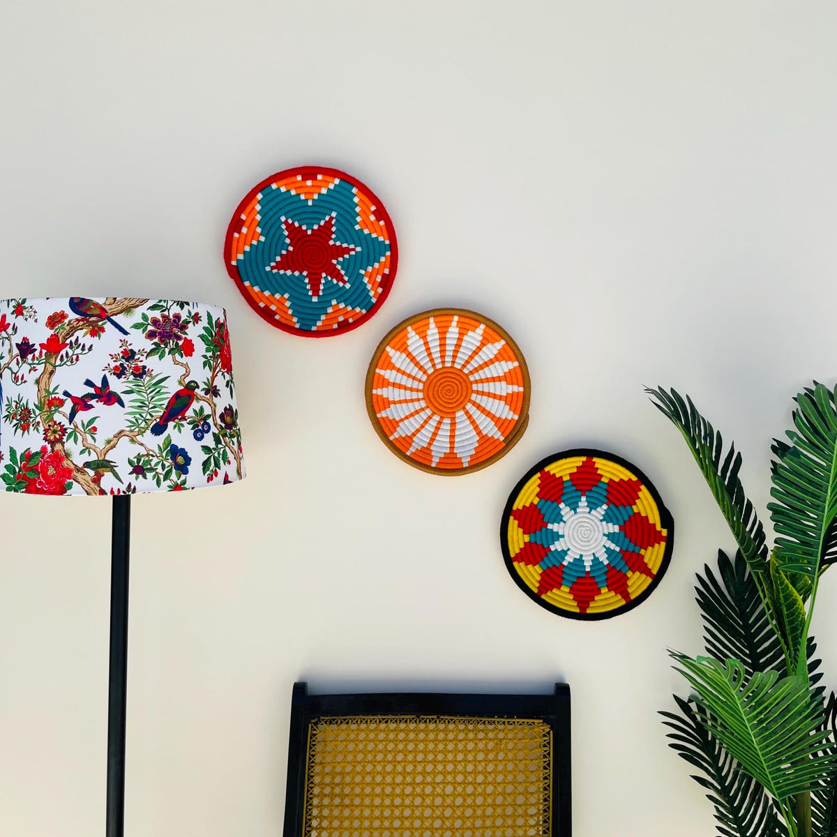 Set of 3 Handwoven Wall Baskets - Tribal Design Wall Hangings - Colorful Boho Wall Decor