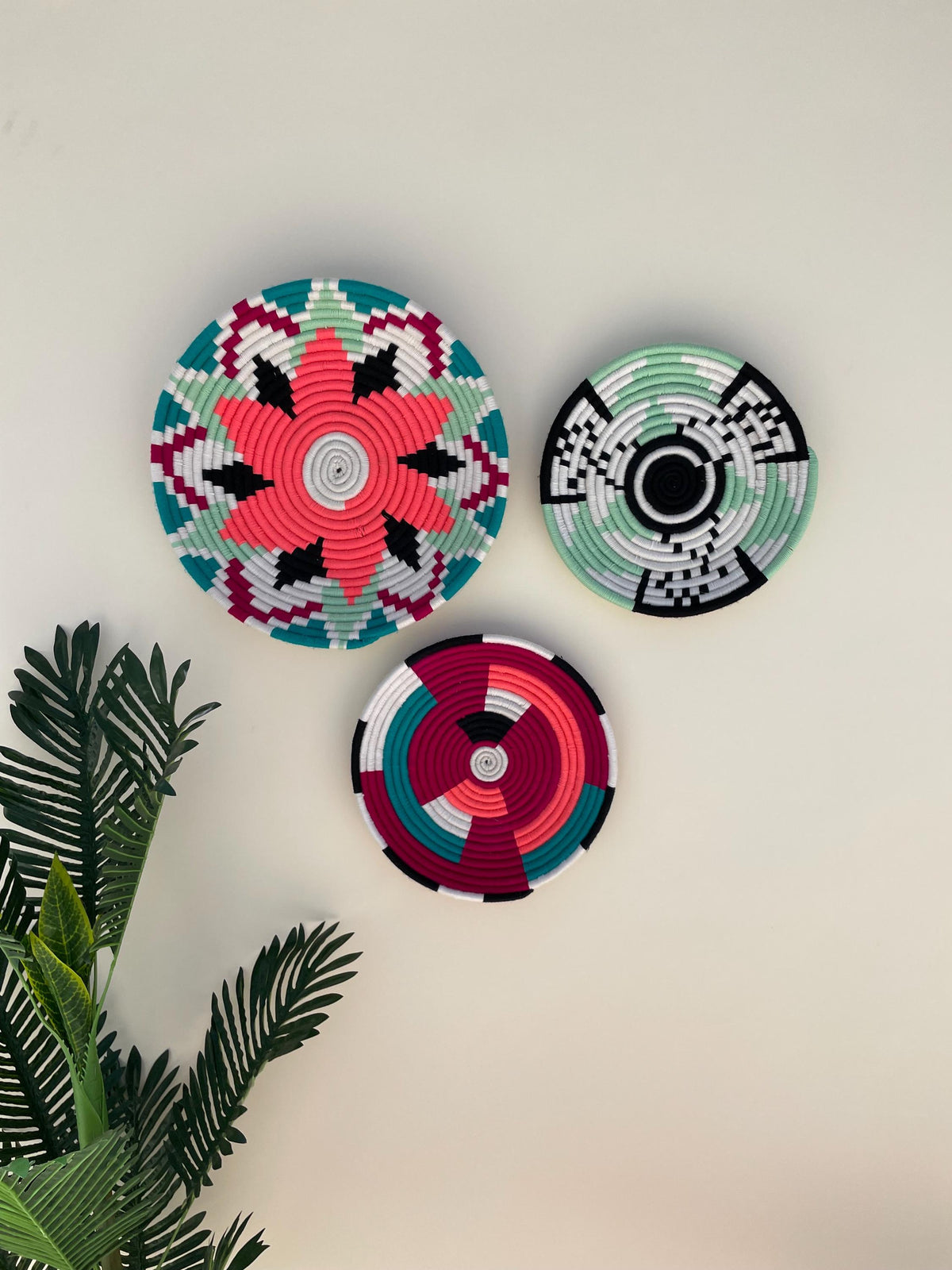 Green African Wall Basket Set: Boho Woven Wall Art Hangings
