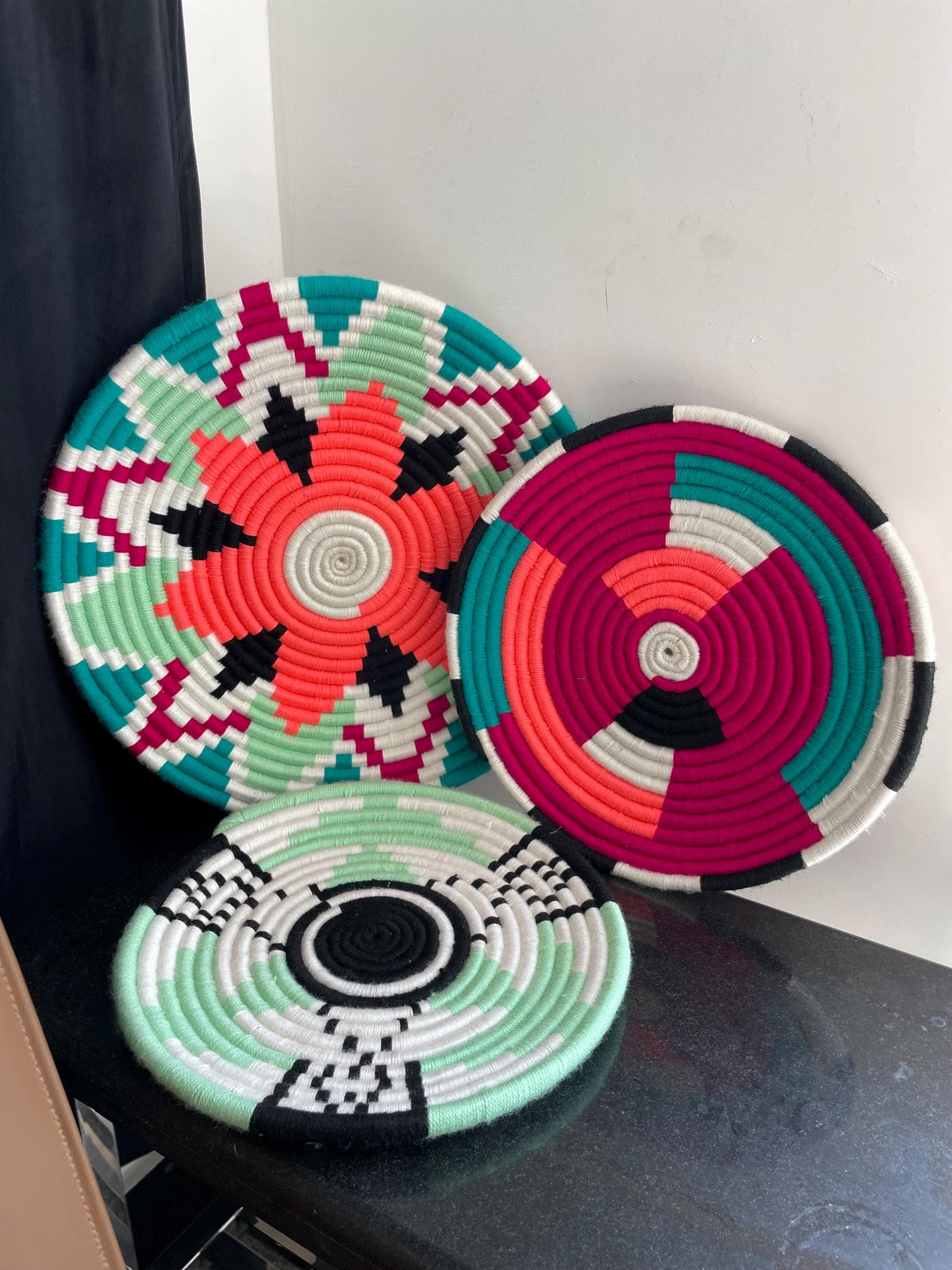 Green African Wall Basket Set: Boho Woven Wall Art Hangings