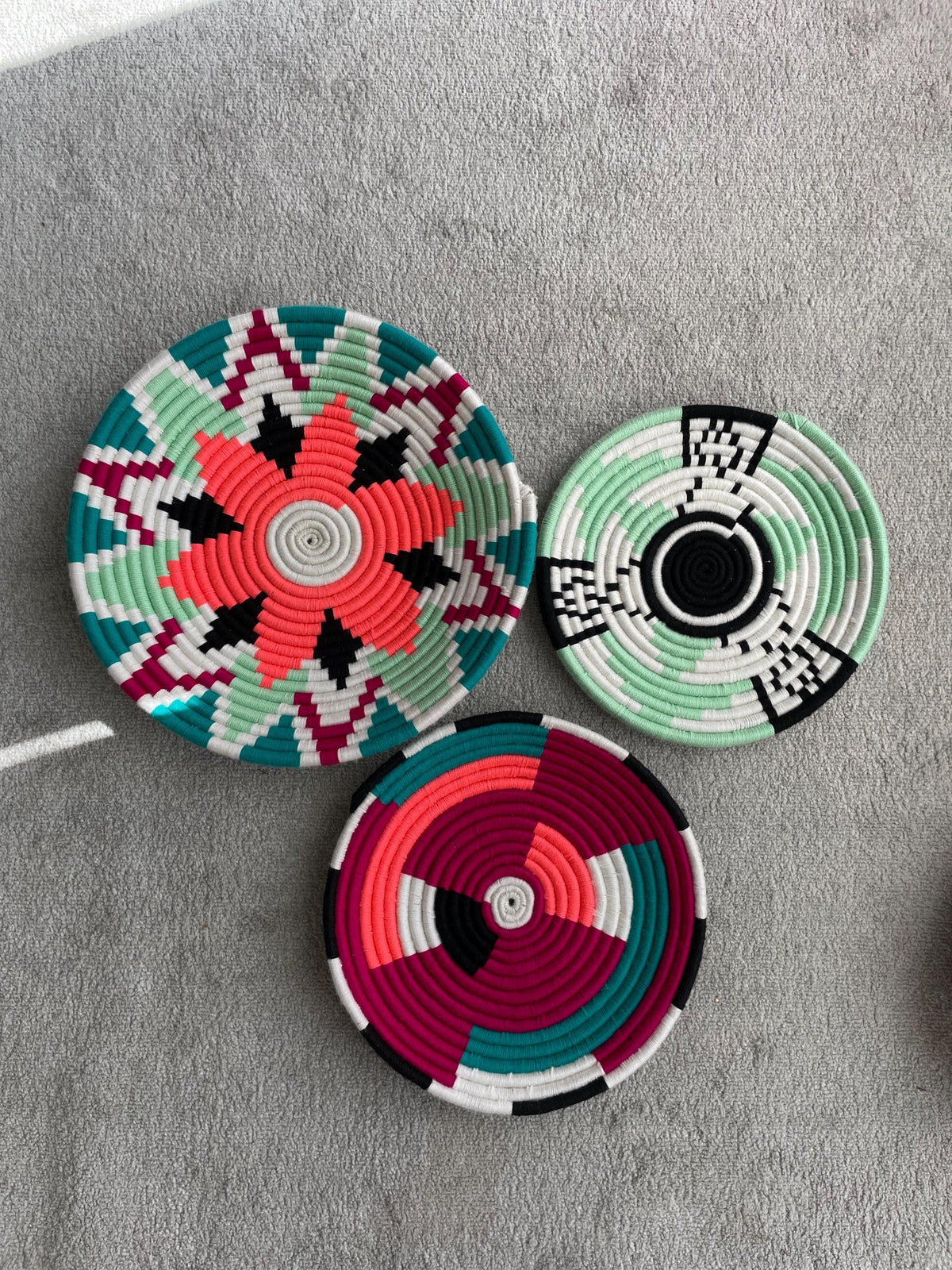 Green African Wall Basket Set: Boho Woven Wall Art Hangings