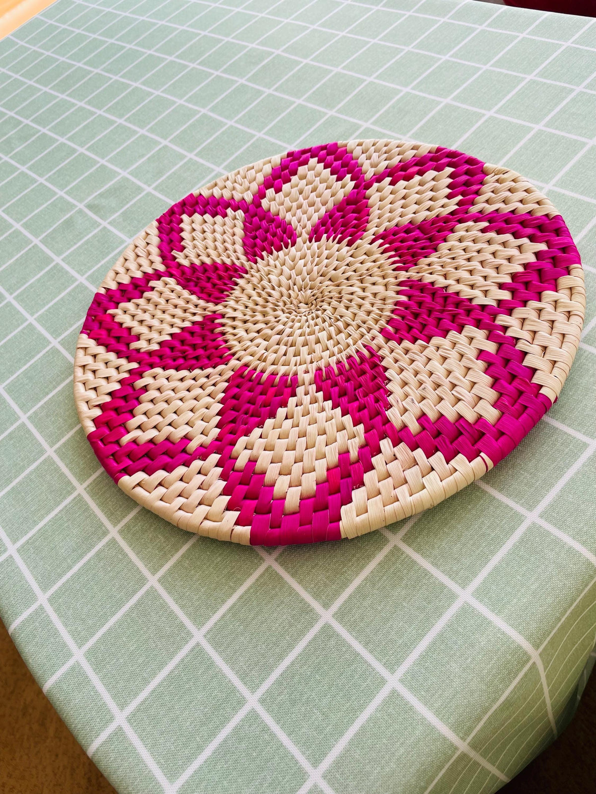 Pink Woven Placemats: Round Boho Table Mat, Natural Fiber