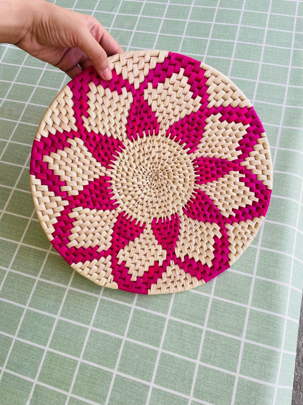 Pink Woven Placemats: Round Boho Table Mat, Natural Fiber