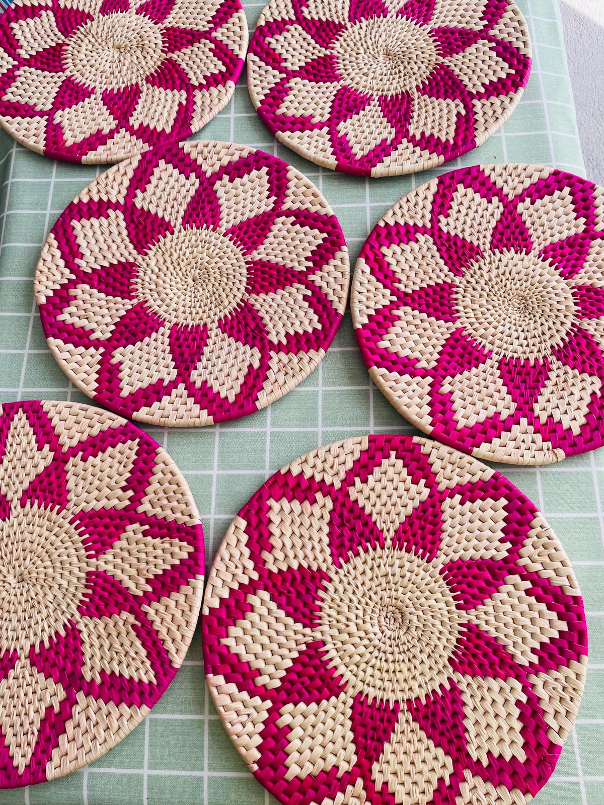 Pink Woven Placemats: Round Boho Table Mat, Natural Fiber