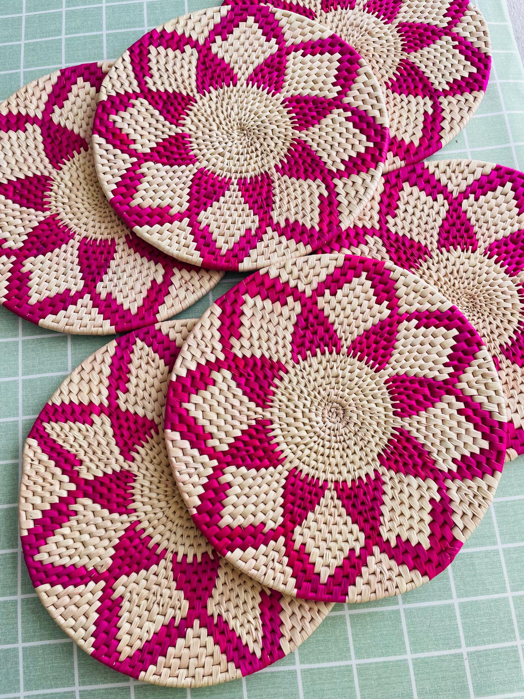 Pink Woven Placemats: Round Boho Table Mat, Natural Fiber