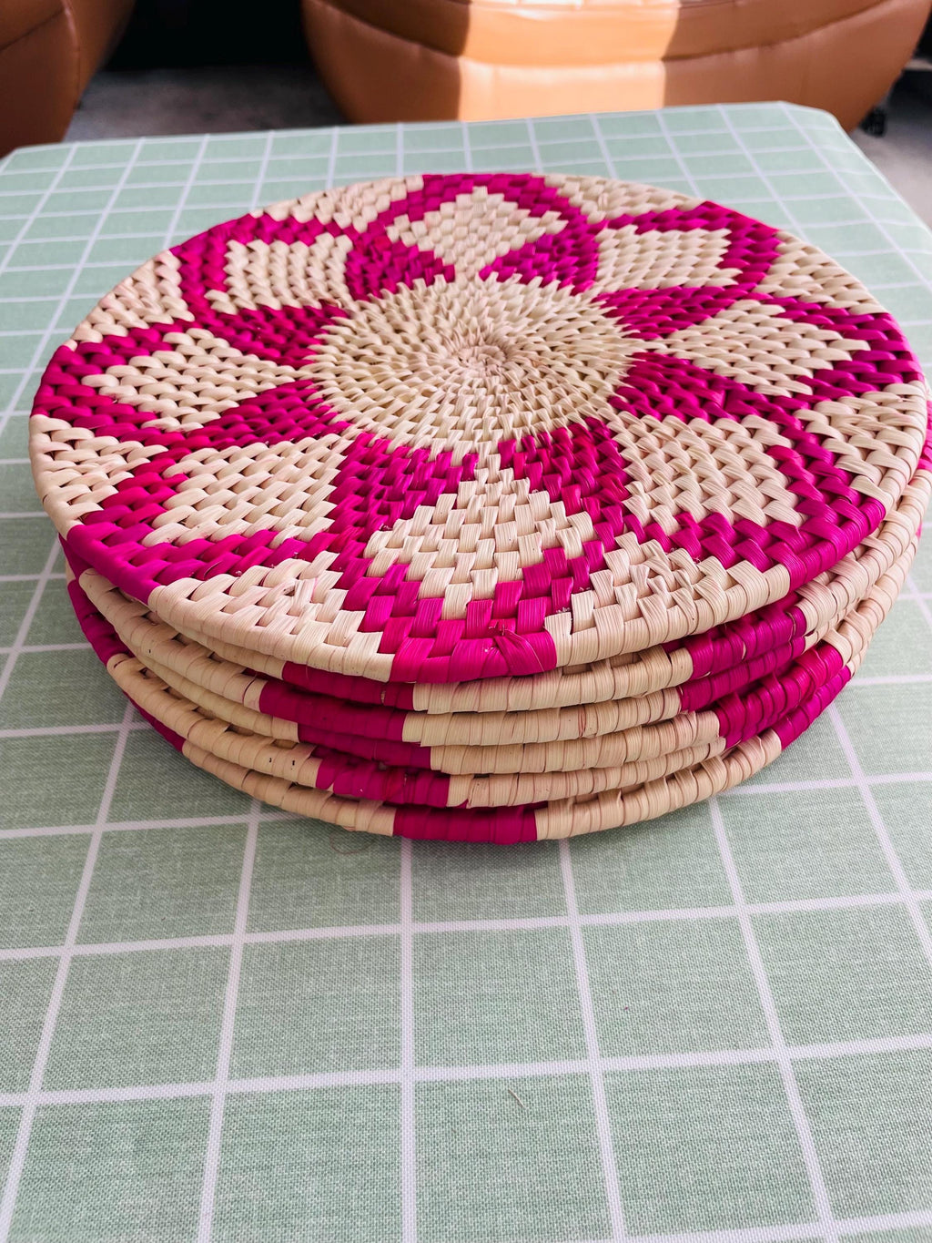 Pink Woven Placemats: Round Boho Table Mat, Natural Fiber
