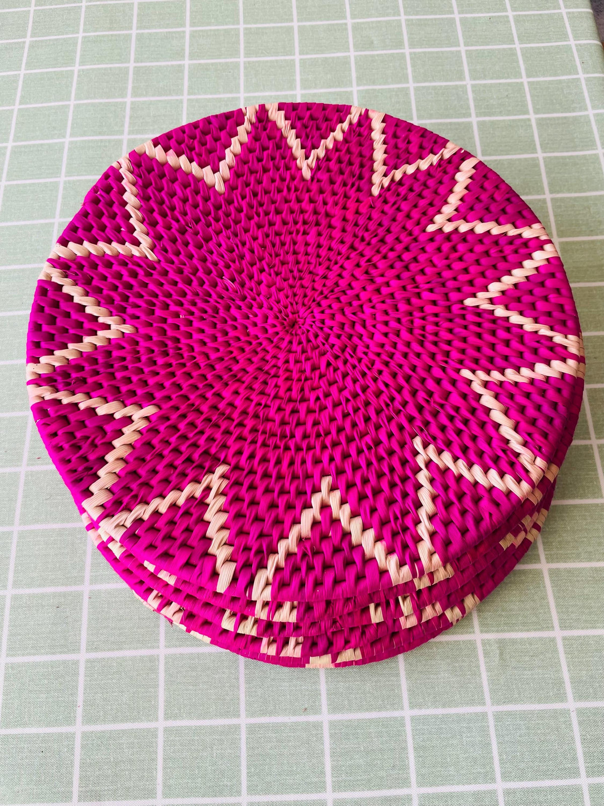 Woven Placemats Set of 2-12 – Hot Pink Fuchsia Boho Round Wedding Party Placemats, Heat Resistant Dining Table Mats, Bohemian Table Decor