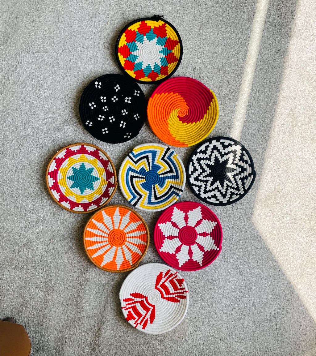 Vibrant wall Hanging Baskets set of 9, African wall baskets, handwoven wall baskets, wall basket set, boho wall baskets, assorted baskets