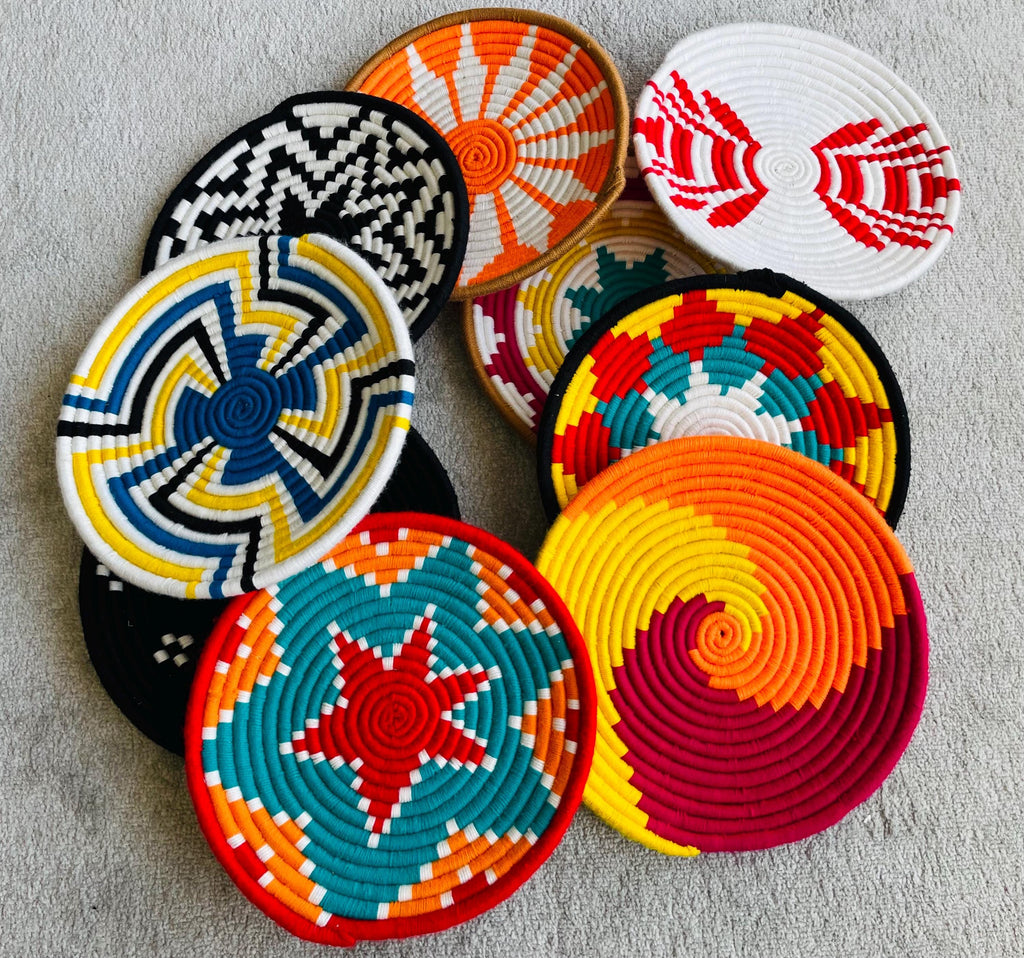 Vibrant wall Hanging Baskets set of 9, African wall baskets, handwoven wall baskets, wall basket set, boho wall baskets, assorted baskets