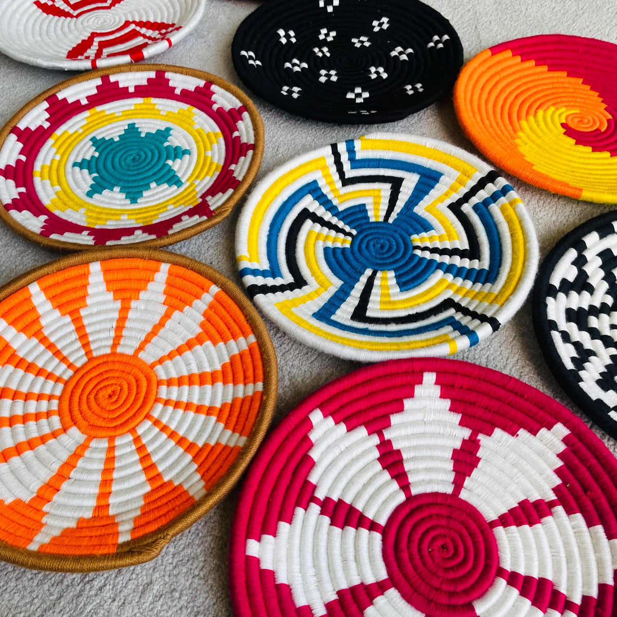 Vibrant wall Hanging Baskets set of 9, African wall baskets, handwoven wall baskets, wall basket set, boho wall baskets, assorted baskets