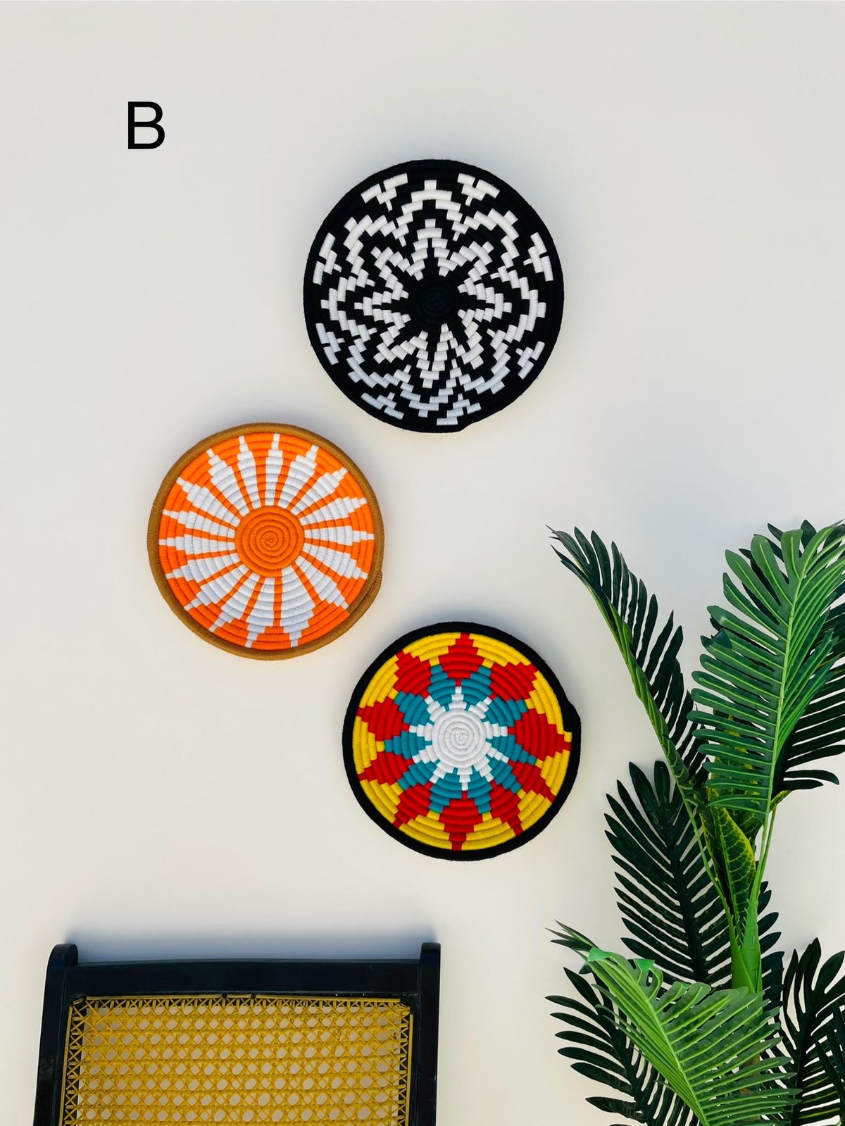 Set of 3 Handwoven Wall Baskets - Tribal Design Wall Hangings - Colorful Boho Wall Decor