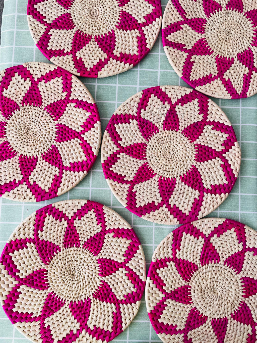 Pink Woven Placemats: Round Boho Table Mat, Natural Fiber