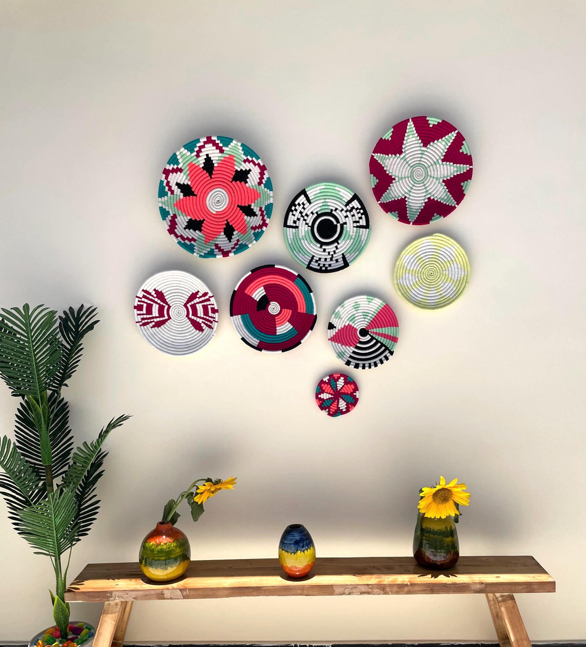 Set of 8 African Wall Baskets: Colorful Boho Wall Decor