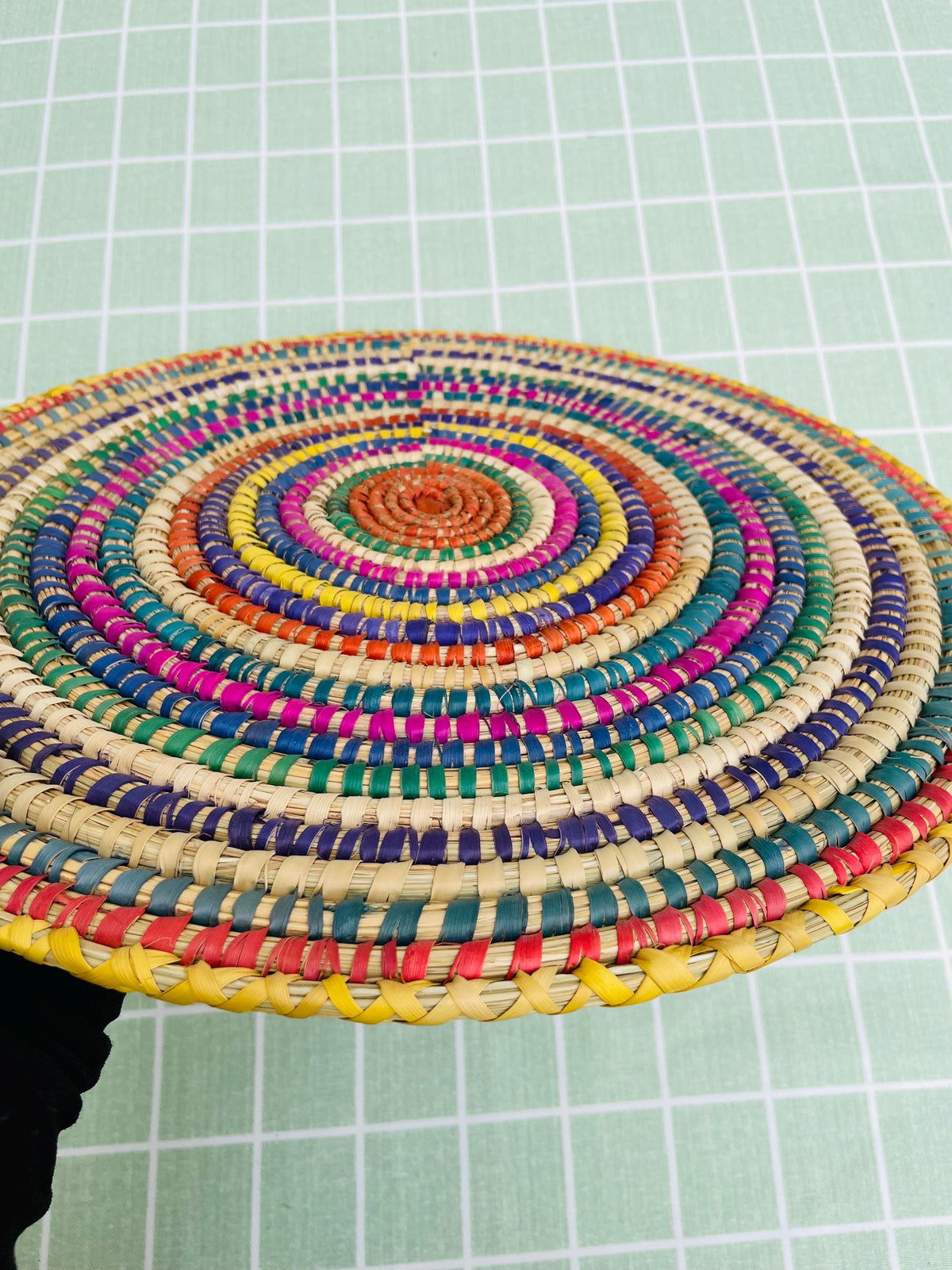 Colorful Woven Placemat: Round Boho Table Mat, Palm Fiber