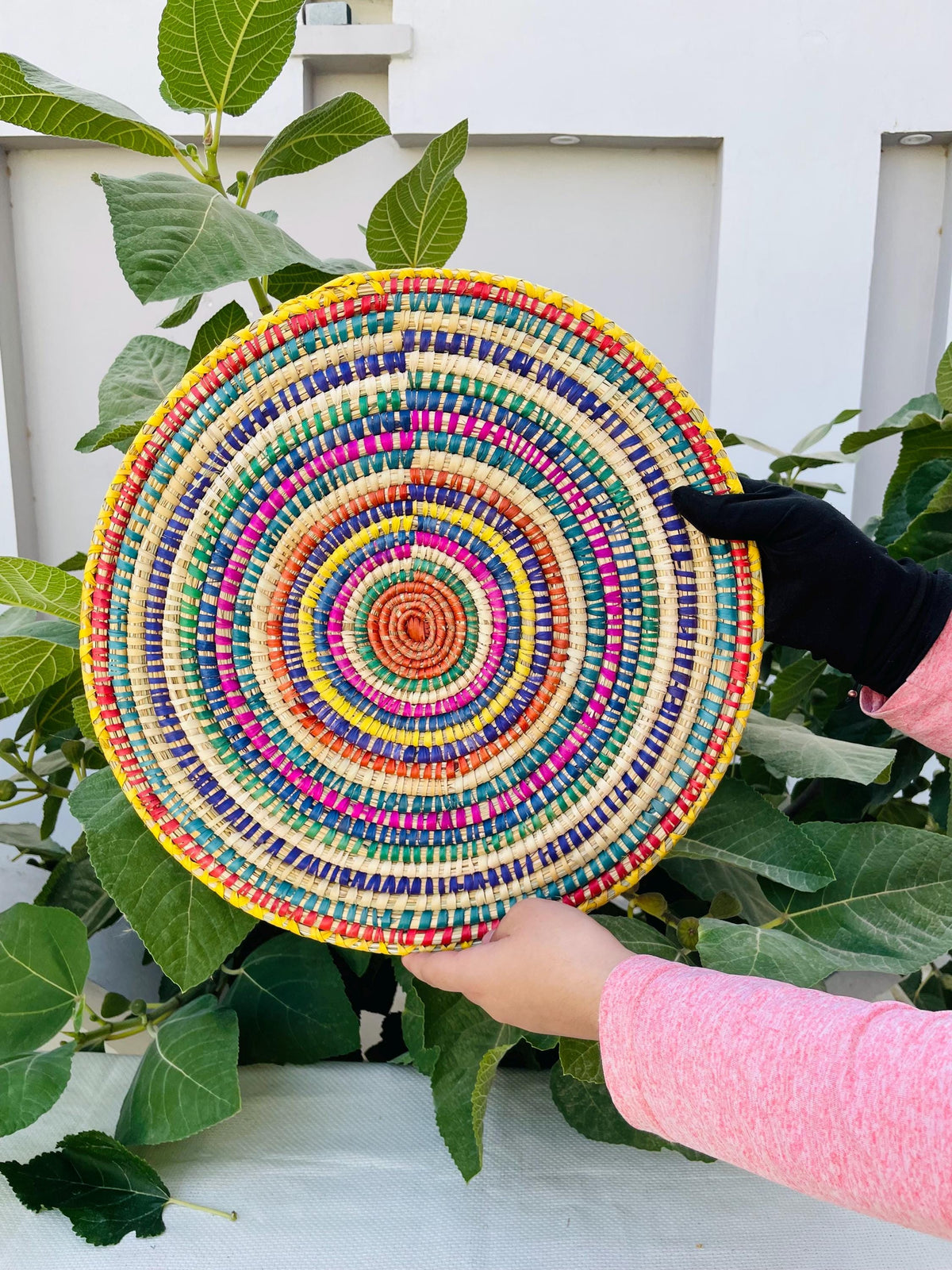 Colorful Woven Placemat: Round Boho Table Mat, Palm Fiber