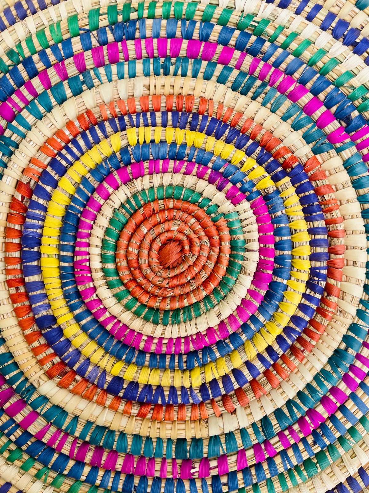 Colorful Woven Placemat: Round Boho Table Mat, Palm Fiber