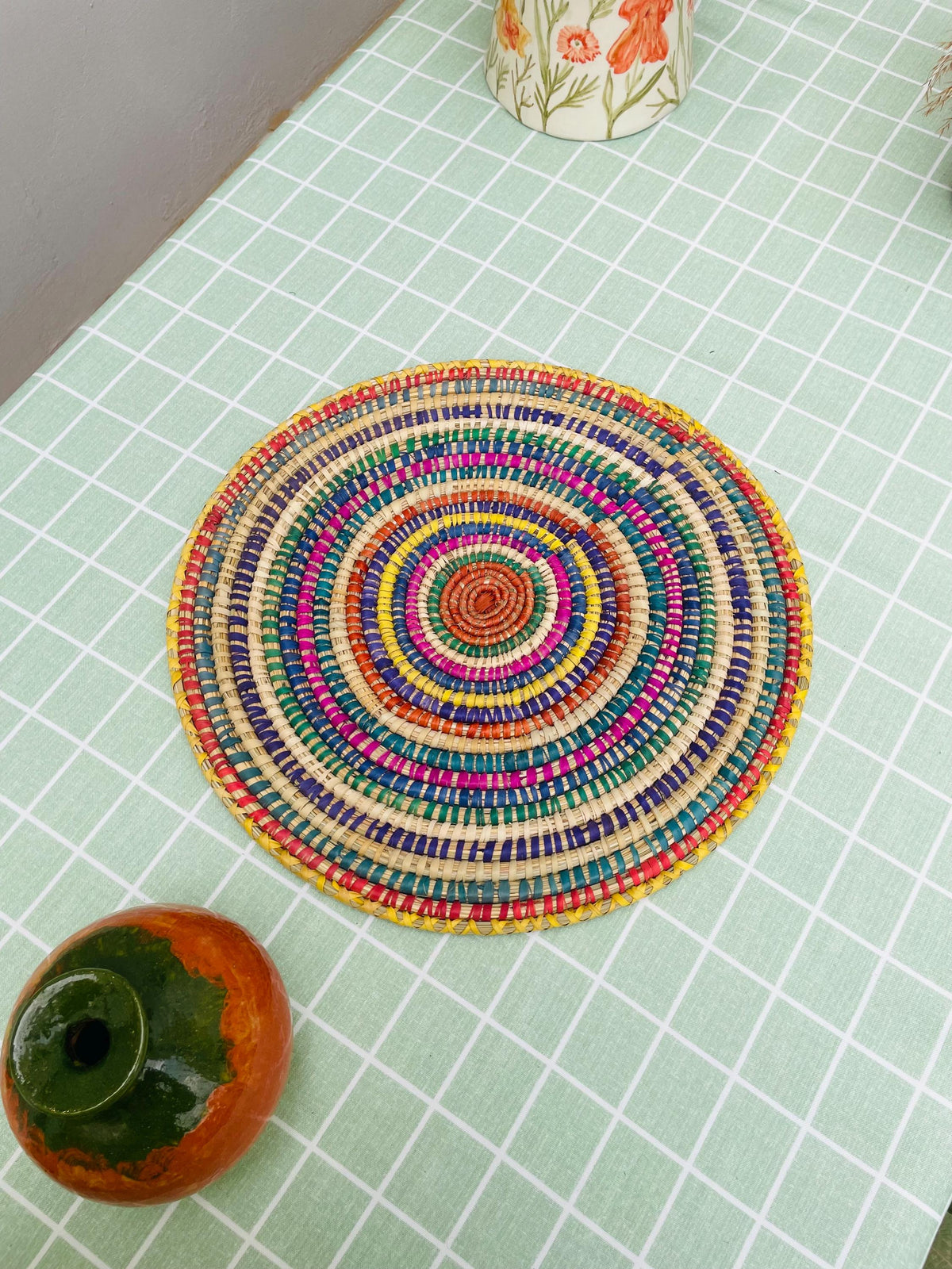 Colorful Woven Placemat: Round Boho Table Mat, Palm Fiber