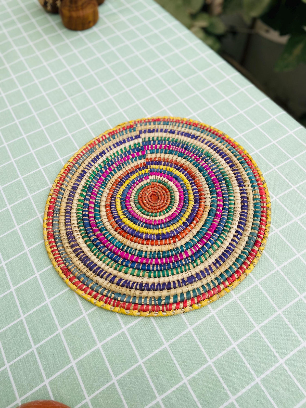 Colorful Woven Placemat: Round Boho Table Mat, Palm Fiber