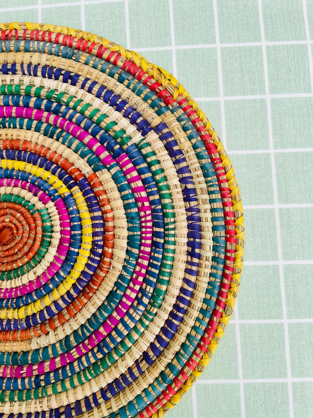 Colorful Woven Placemat: Round Boho Table Mat, Palm Fiber
