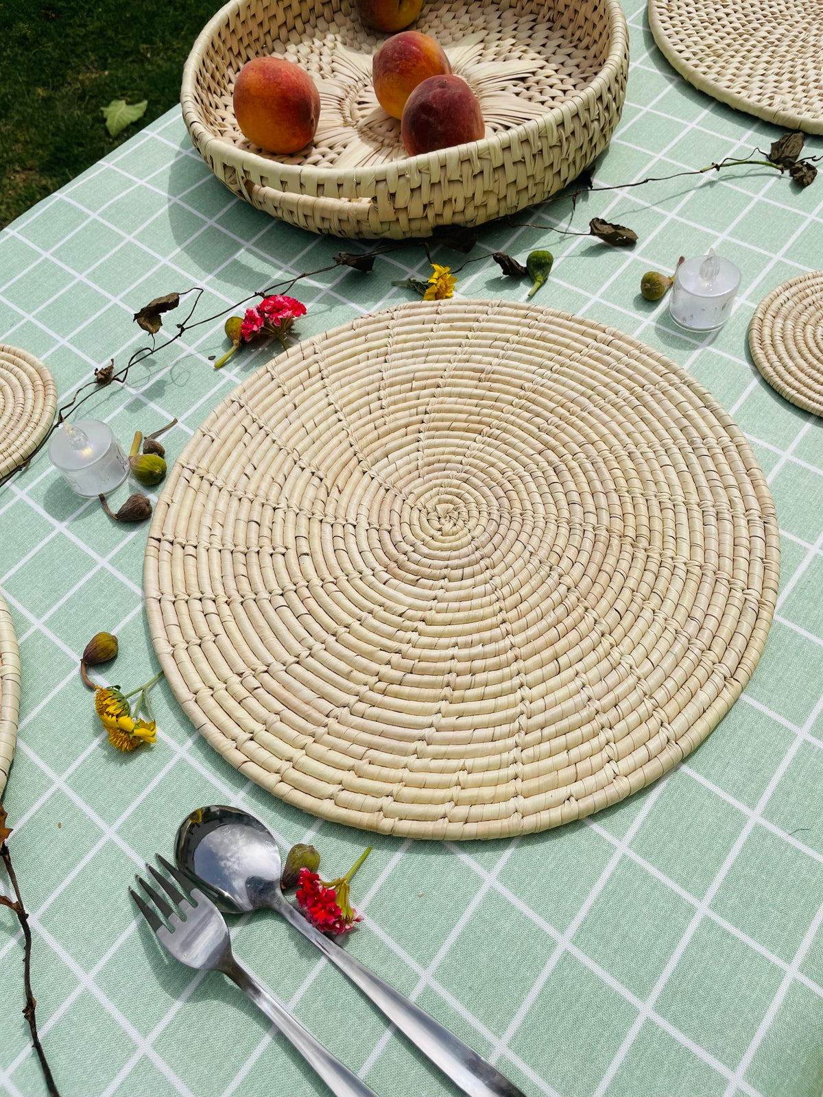 Hand Woven Round Palm Leaf Placemats, Boho Placemats For Table, Eco Friendly Place Mat For Natural Dining Decor, Bohemian tableware, 14 inch