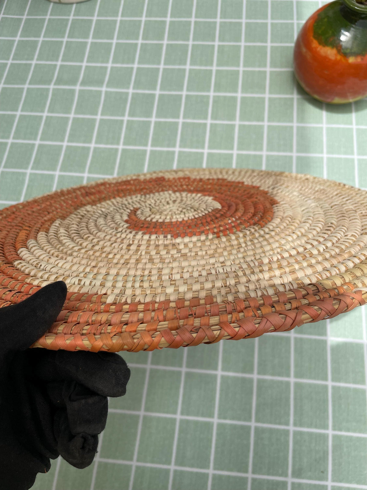 Spiral Round Hand Woven Placemats - Orange & Beige Sea Grass Placemats Set 14in - Boho Straw Palm Placemats  - Fall Dining Table Decor