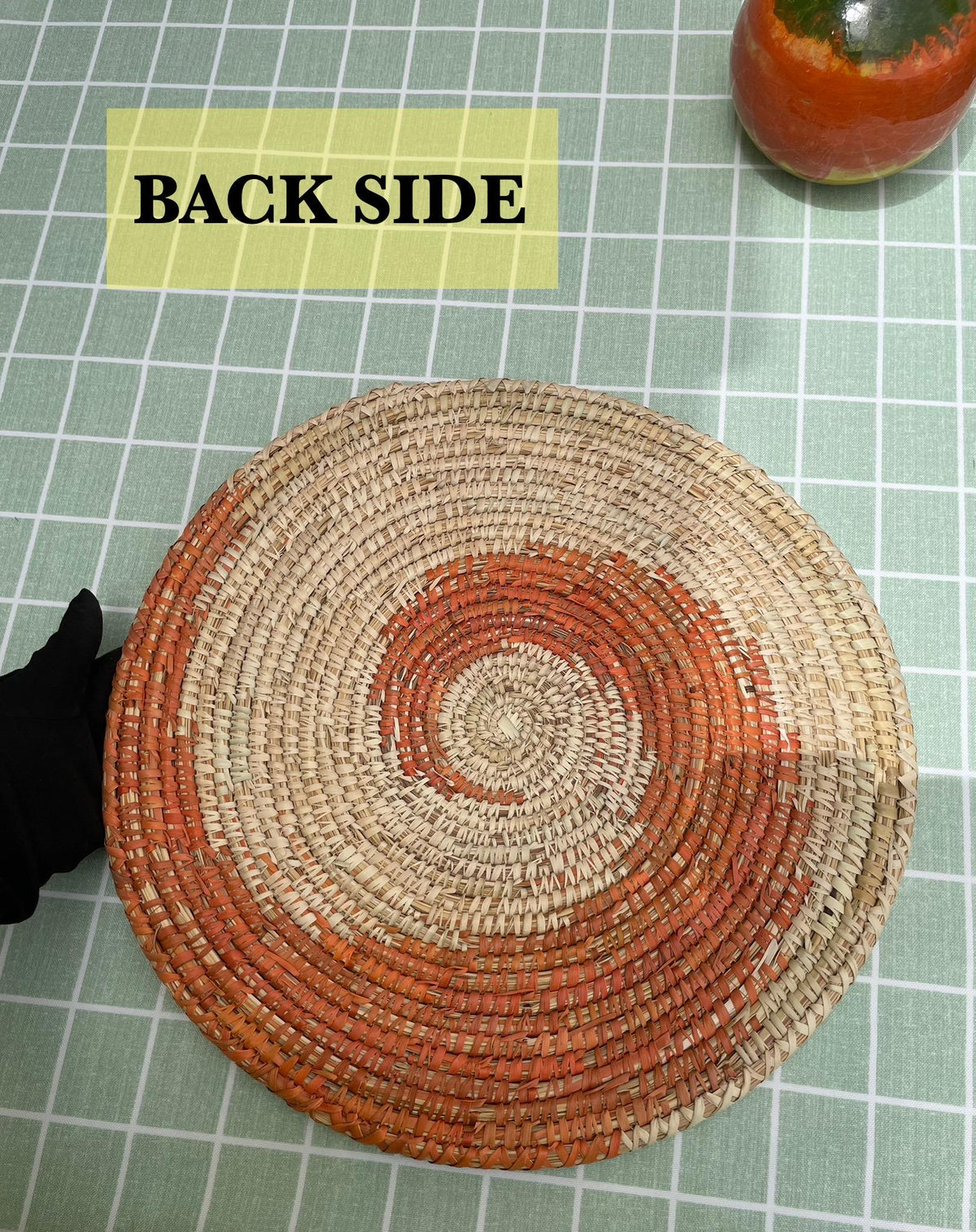 Spiral Round Hand Woven Placemats - Orange & Beige Sea Grass Placemats Set 14in - Boho Straw Palm Placemats  - Fall Dining Table Decor