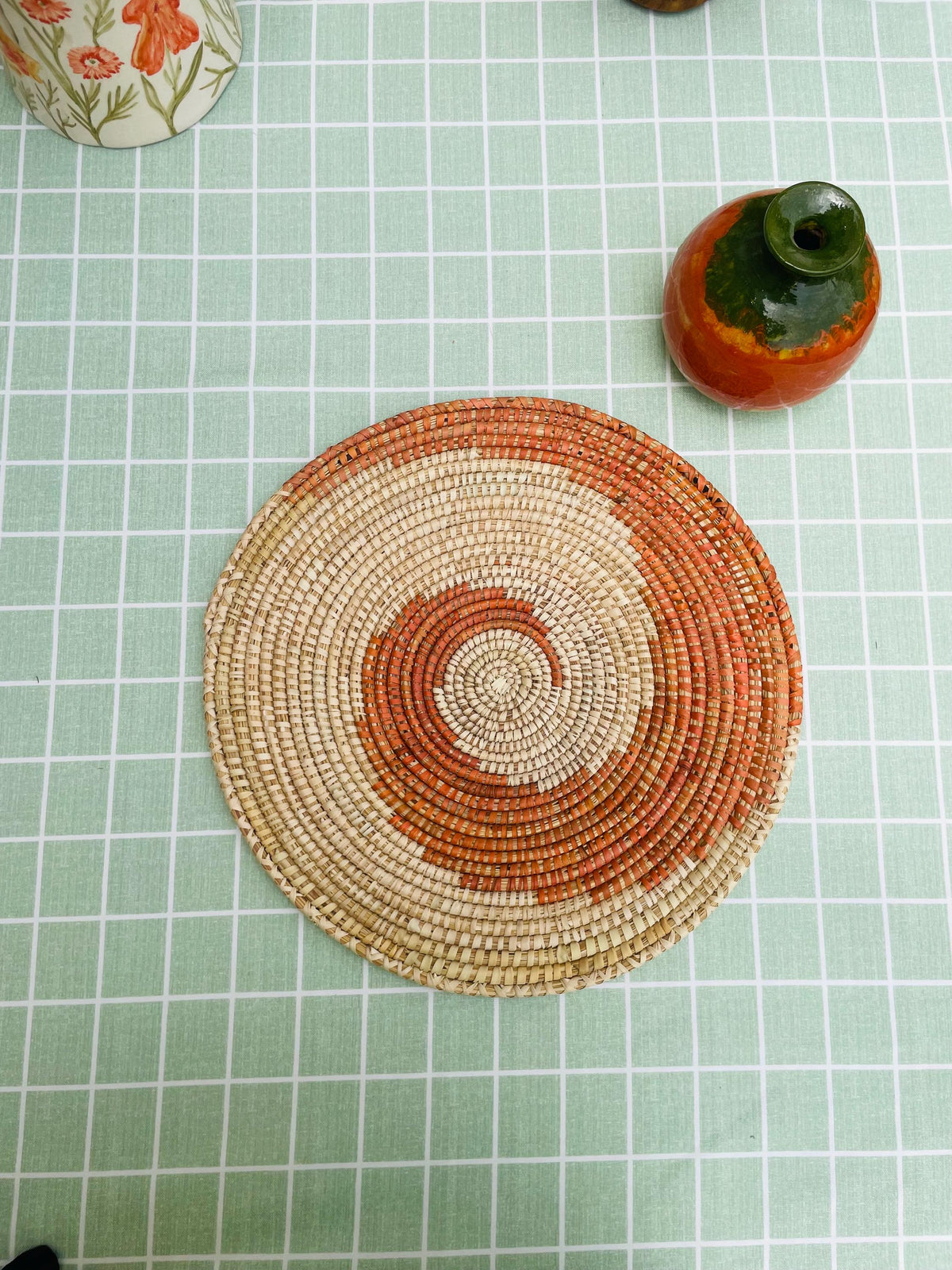Spiral Round Hand Woven Placemats - Orange & Beige Sea Grass Placemats Set 14in - Boho Straw Palm Placemats  - Fall Dining Table Decor