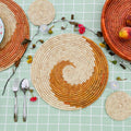 HandWoven Spiral Placemats, Orange Placemats Round, Boho Placemats Set, Eco Friendly Placemats, Rustic Placemat 14 in, Fall Table Decor