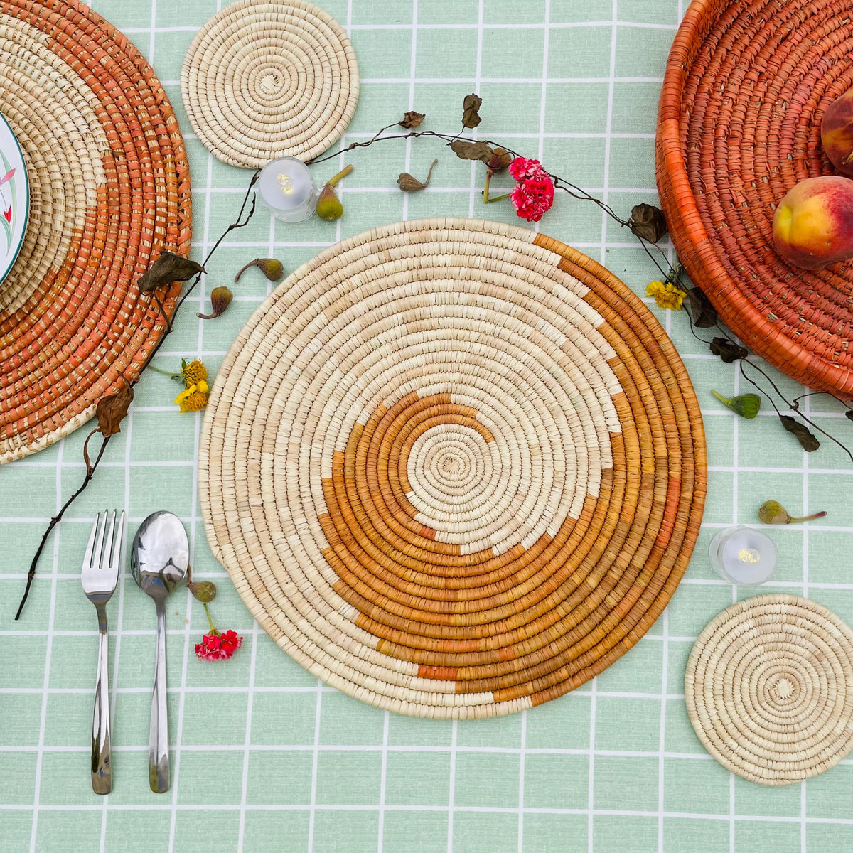 HandWoven Spiral Placemats, Orange Placemats Round, Boho Placemats Set, Eco Friendly Placemats, Rustic Placemat 14 in, Fall Table Decor