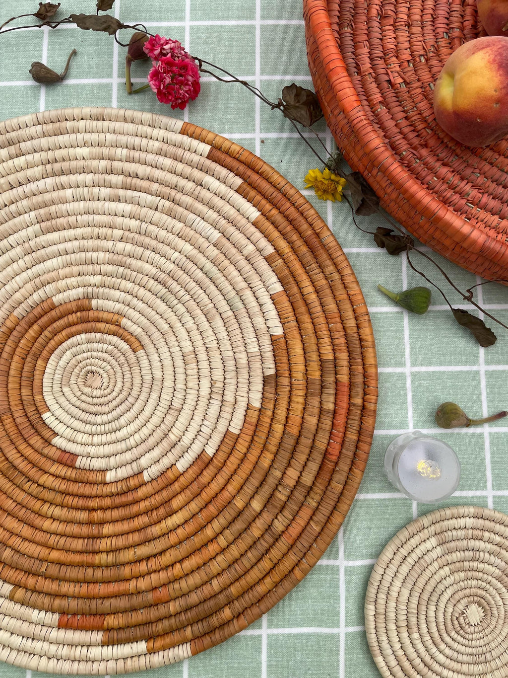 HandWoven Spiral Placemats, Orange Placemats Round, Boho Placemats Set, Eco Friendly Placemats, Rustic Placemat 14 in, Fall Table Decor
