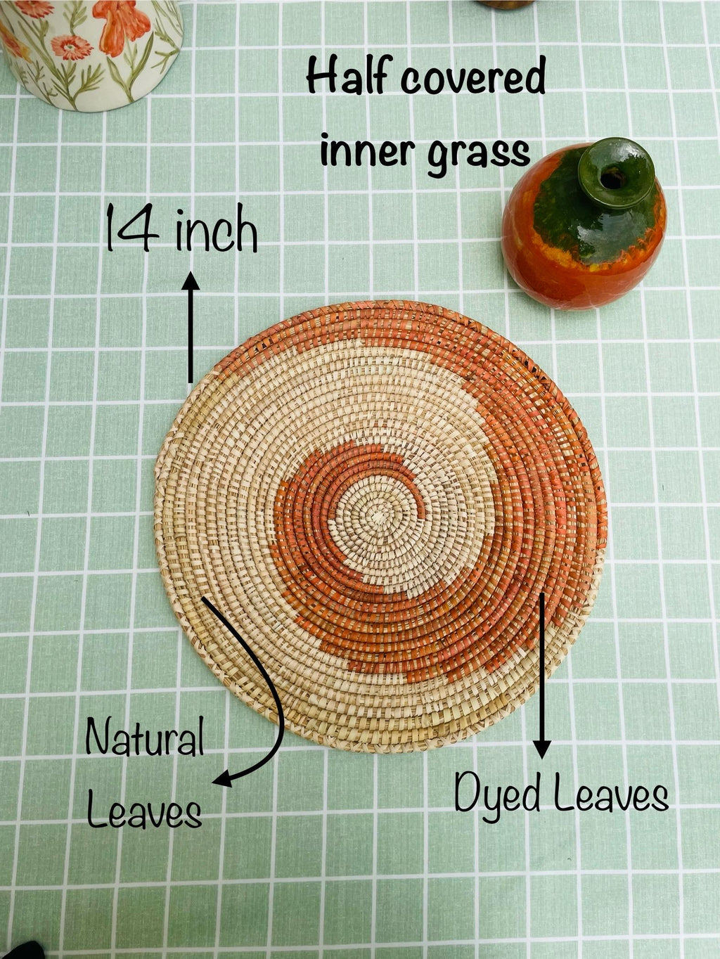 Boho Spiral Placemats with Coasters, Orange Round Placemats, Eco Friendly Woven Straw Placemats, 14 inch Table Mat, Fall Table Decor