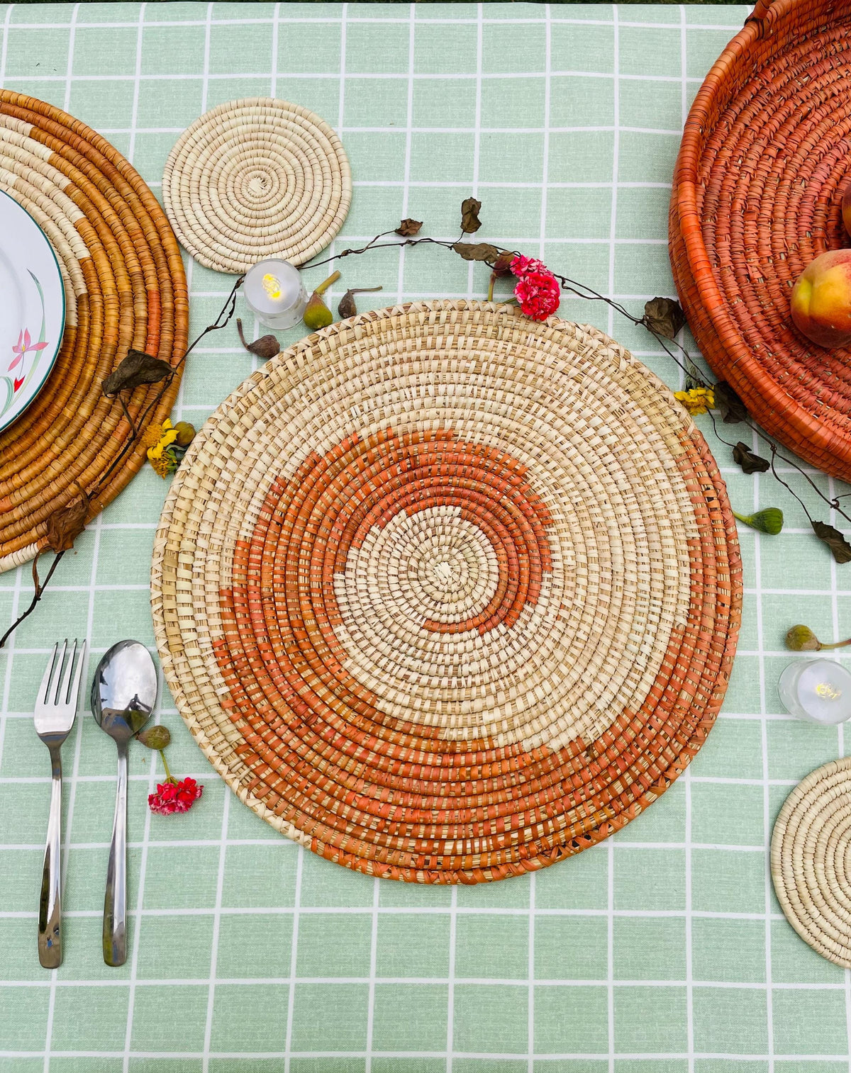Boho Spiral Placemats with Coasters, Orange Round Placemats, Eco Friendly Woven Straw Placemats, 14 inch Table Mat, Fall Table Decor