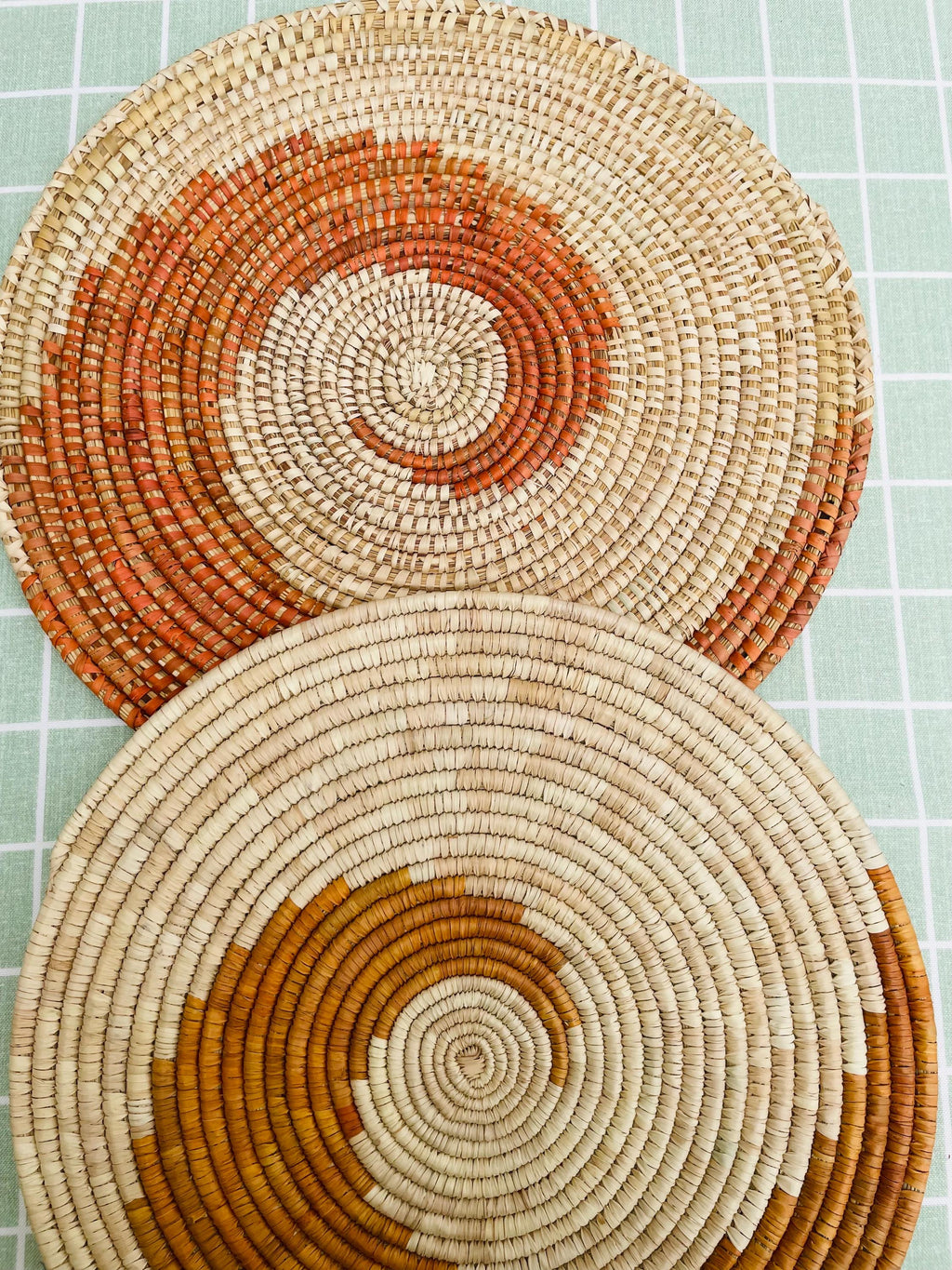Boho Spiral Placemats with Coasters, Orange Round Placemats, Eco Friendly Woven Straw Placemats, 14 inch Table Mat, Fall Table Decor