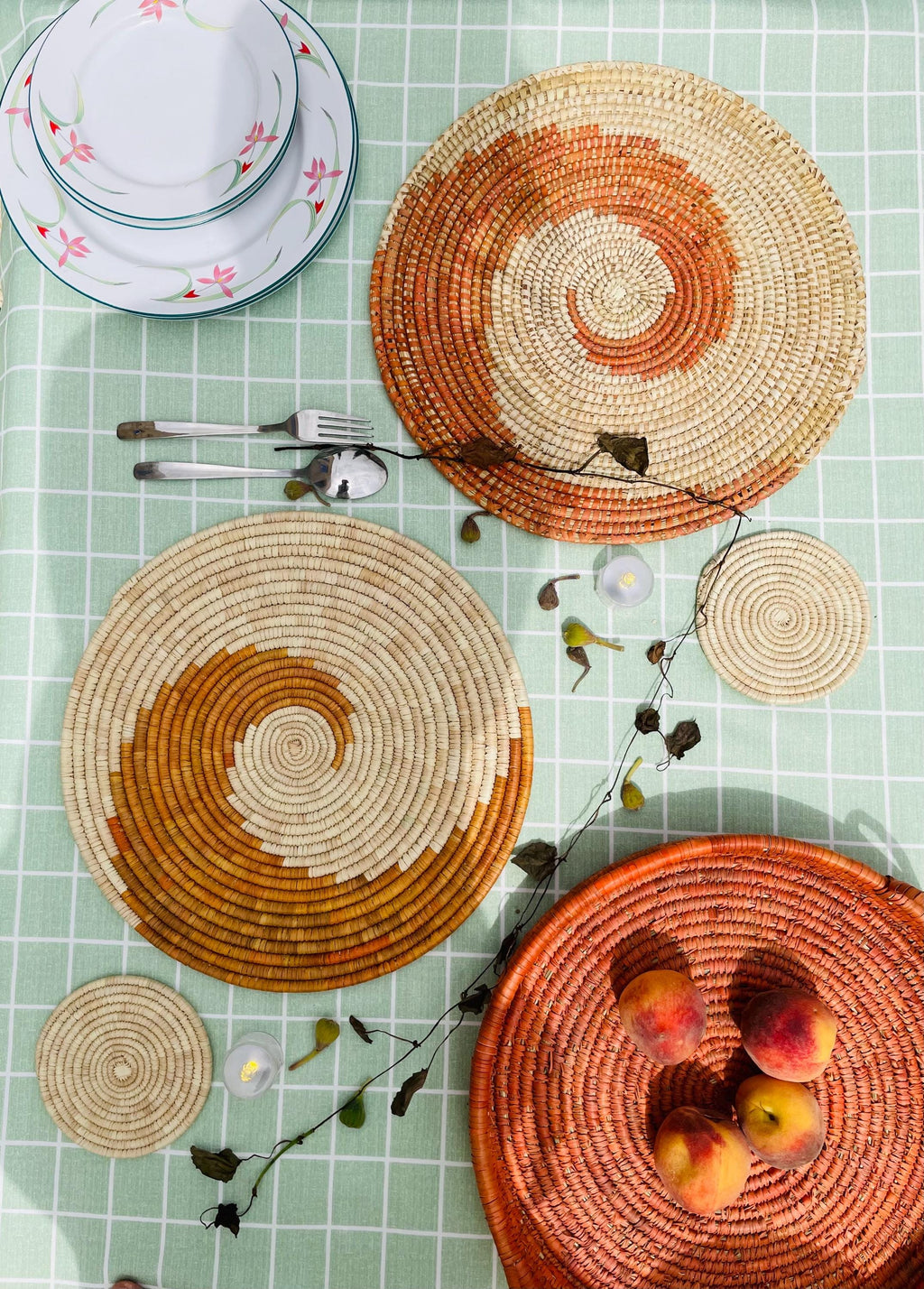 HandWoven Spiral Placemats, Orange Placemats Round, Boho Placemats Set, Eco Friendly Placemats, Rustic Placemat 14 in, Fall Table Decor