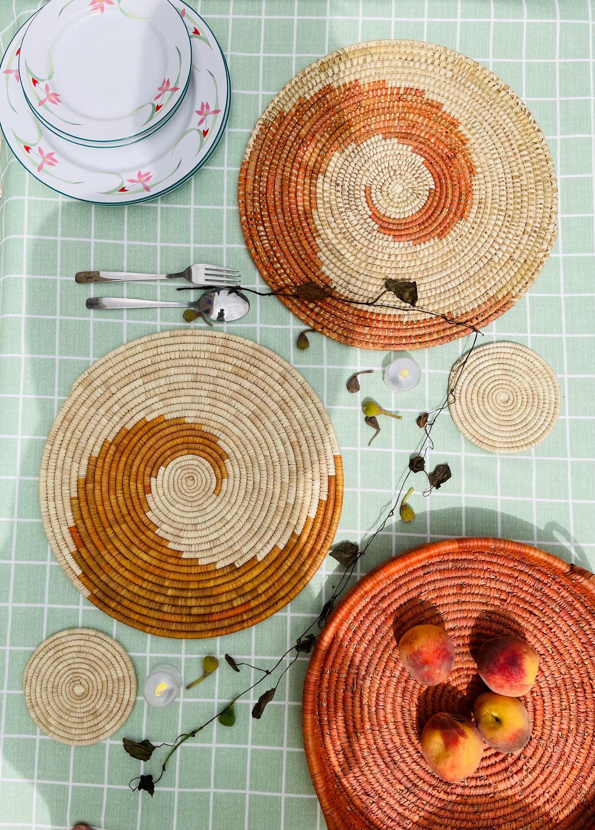 HandWoven Spiral Placemats, Orange Placemats Round, Boho Placemats Set, Eco Friendly Placemats, Rustic Placemat 14 in, Fall Table Decor