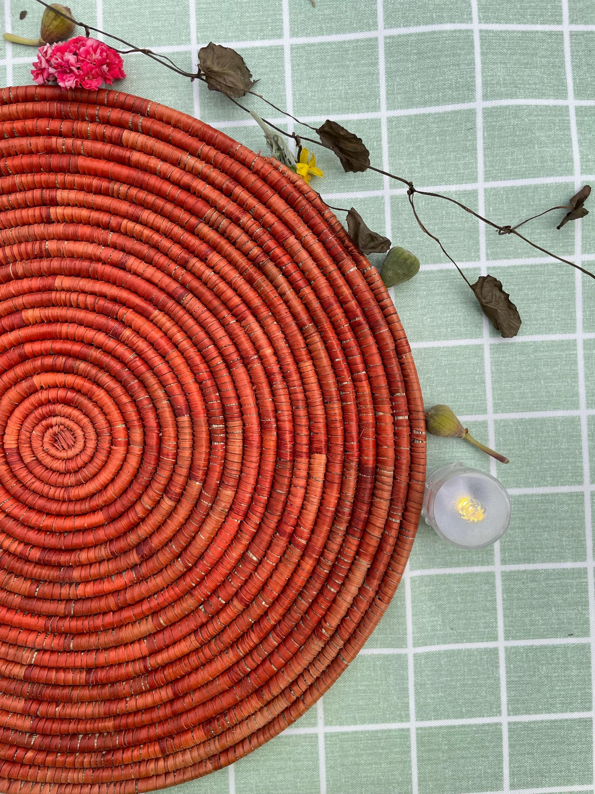 Boho Woven Palm Placemats: Terracotta Rustic Table Decor, 14 inch