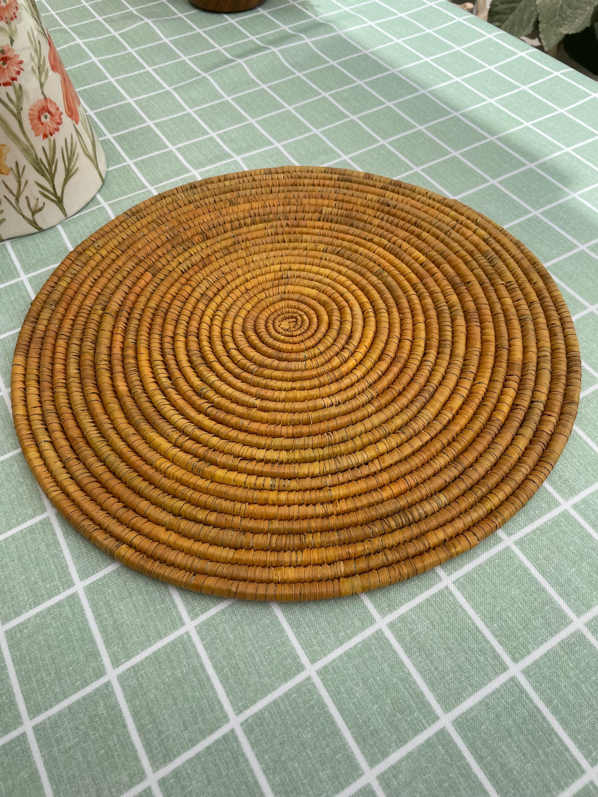 Boho Mustard Palm Leaf Placemats By Suzzi Homes: Round Hand Woven Rustic Thanksgiving Holiday Placemats, Bohemian Wedding Table Setting