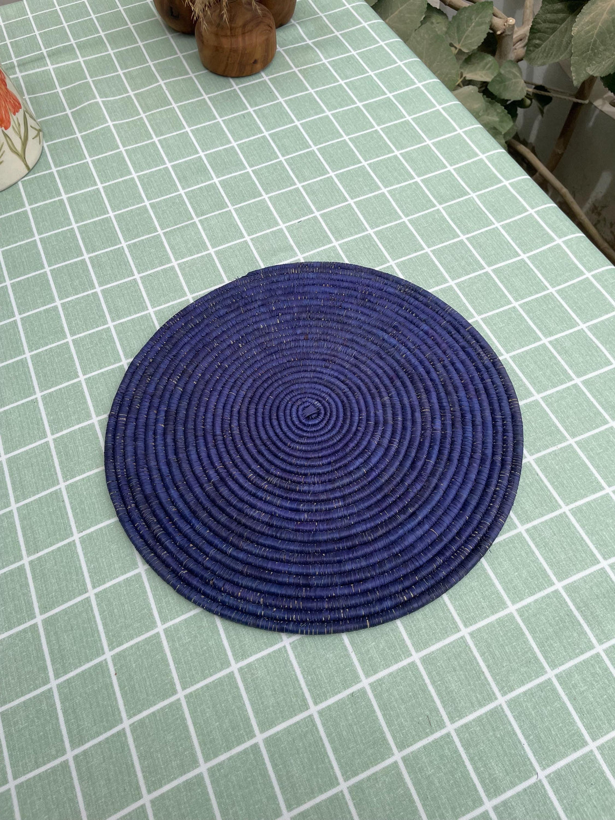 Boho Blue Palm Leaf Placemat Set: Woven Round Table Mat