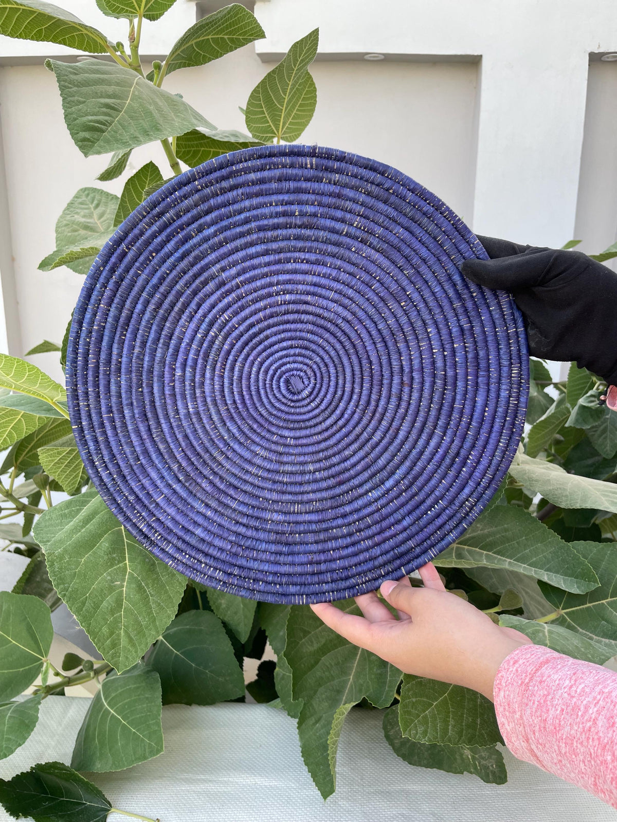 Boho Blue Palm Leaf Placemat Set: Woven Round Table Mat