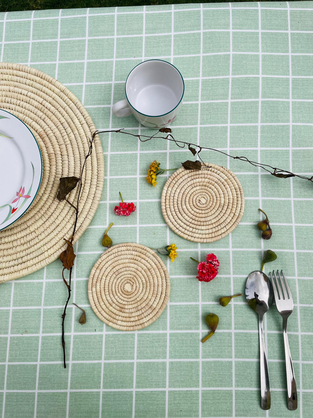 Handwoven Coasters Set of 6: Handmade Woven Cup Mats, 6 inch, boho coasters, eco friendly decor