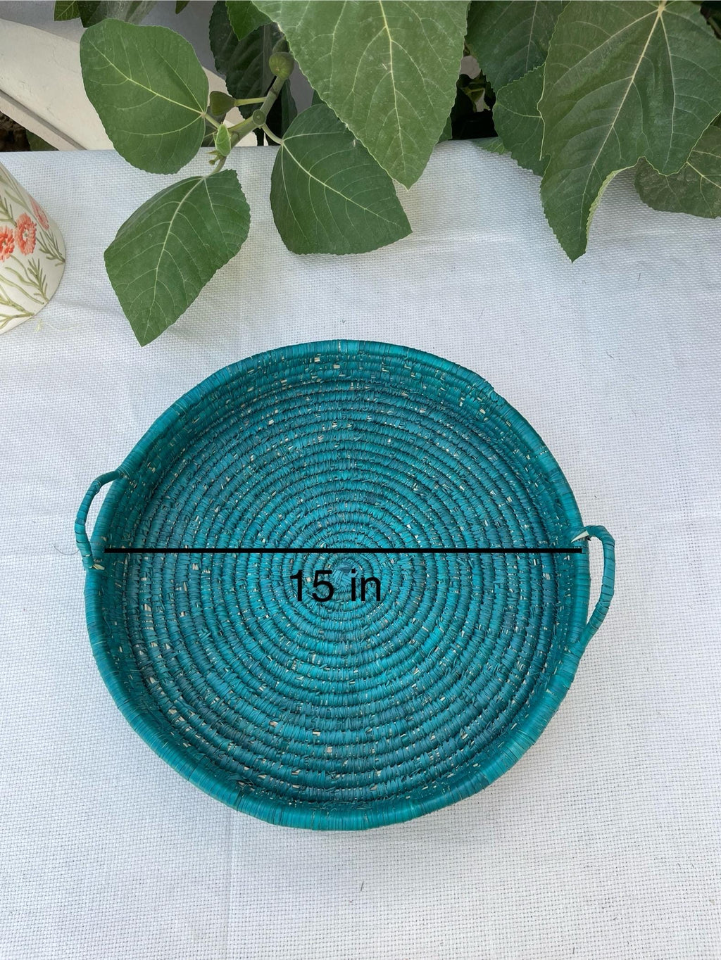 Handmade Boho Palm Fiber Basket Tray: Rustic Green Ottoman & Coffee Table Decor