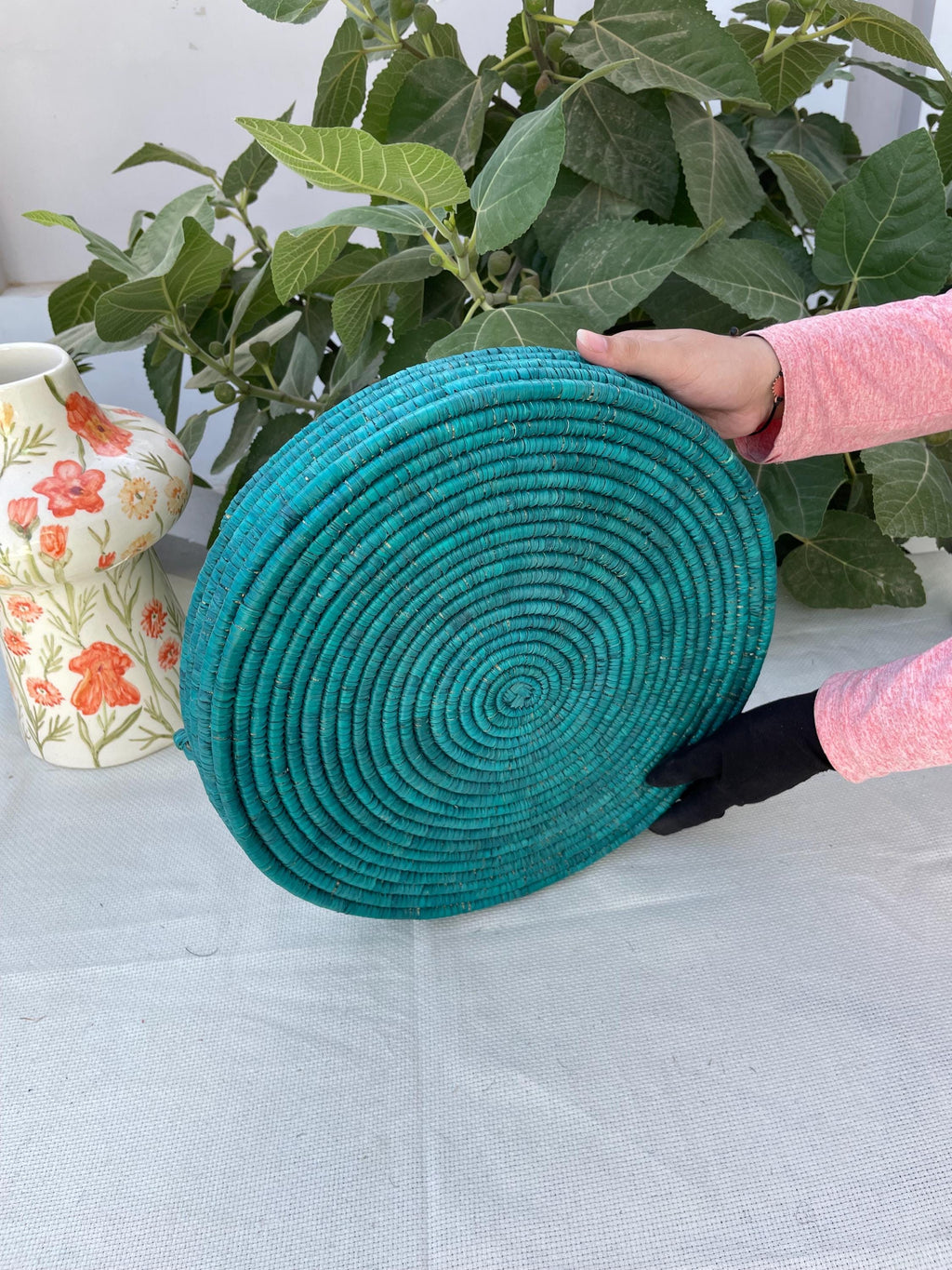 Handmade Boho Palm Fiber Basket Tray: Rustic Green Ottoman & Coffee Table Decor
