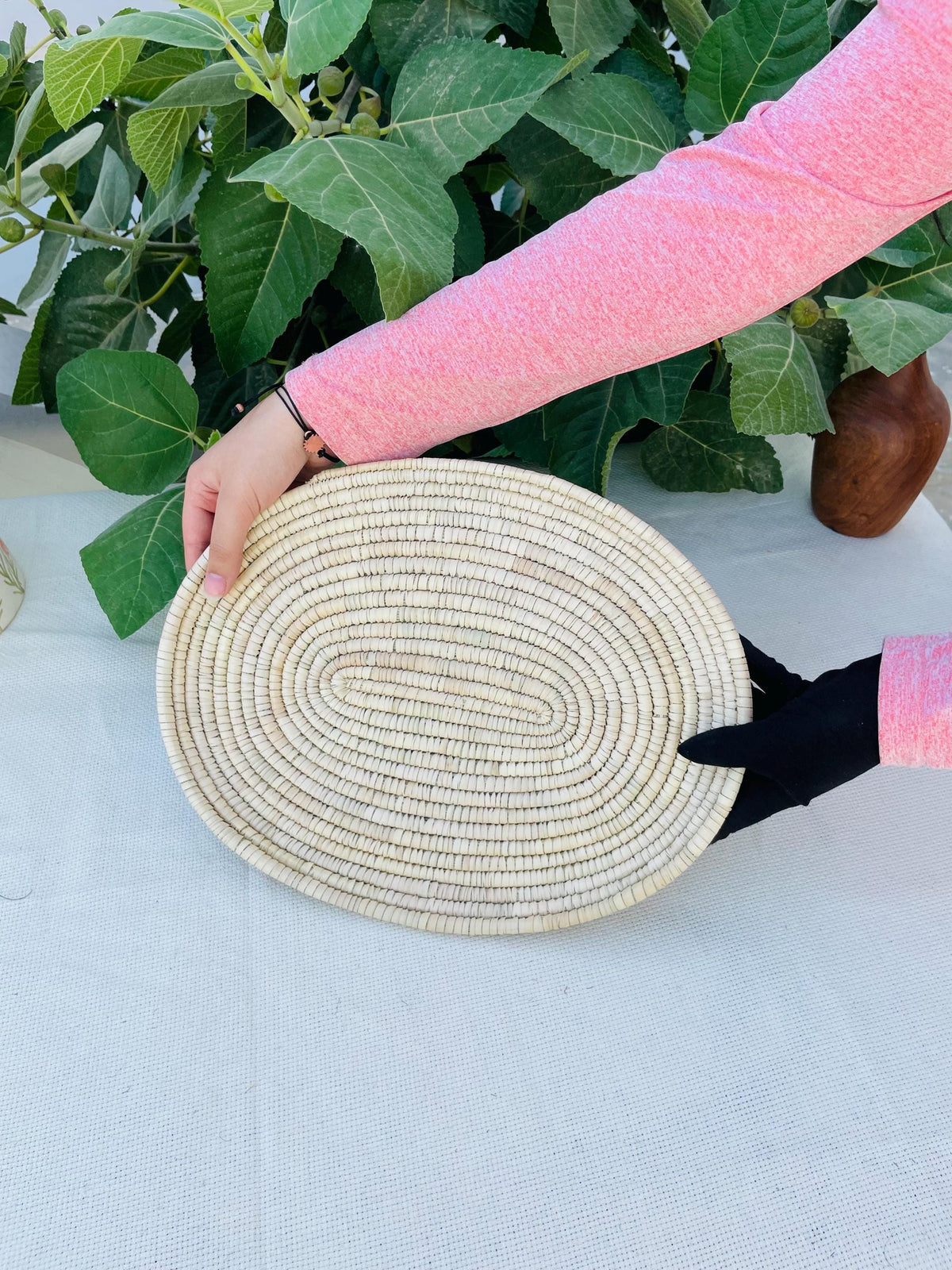 Handmade Woven oval Palm Leaf Tray: Boho Table Decor, Fruit Tray