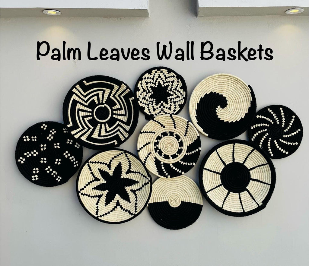 Boho Wall Baskets Set 9, Hand Woven African Basket Wall Decor, Black & White Wicker Seagrass Rustic Handmade Wall art, Bohemian Wall Hanging