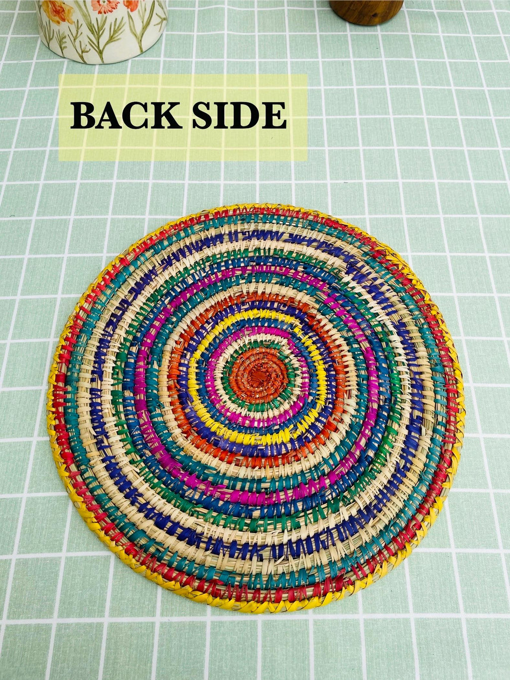 Colorful Woven Placemat: Round Boho Table Mat, Palm Fiber