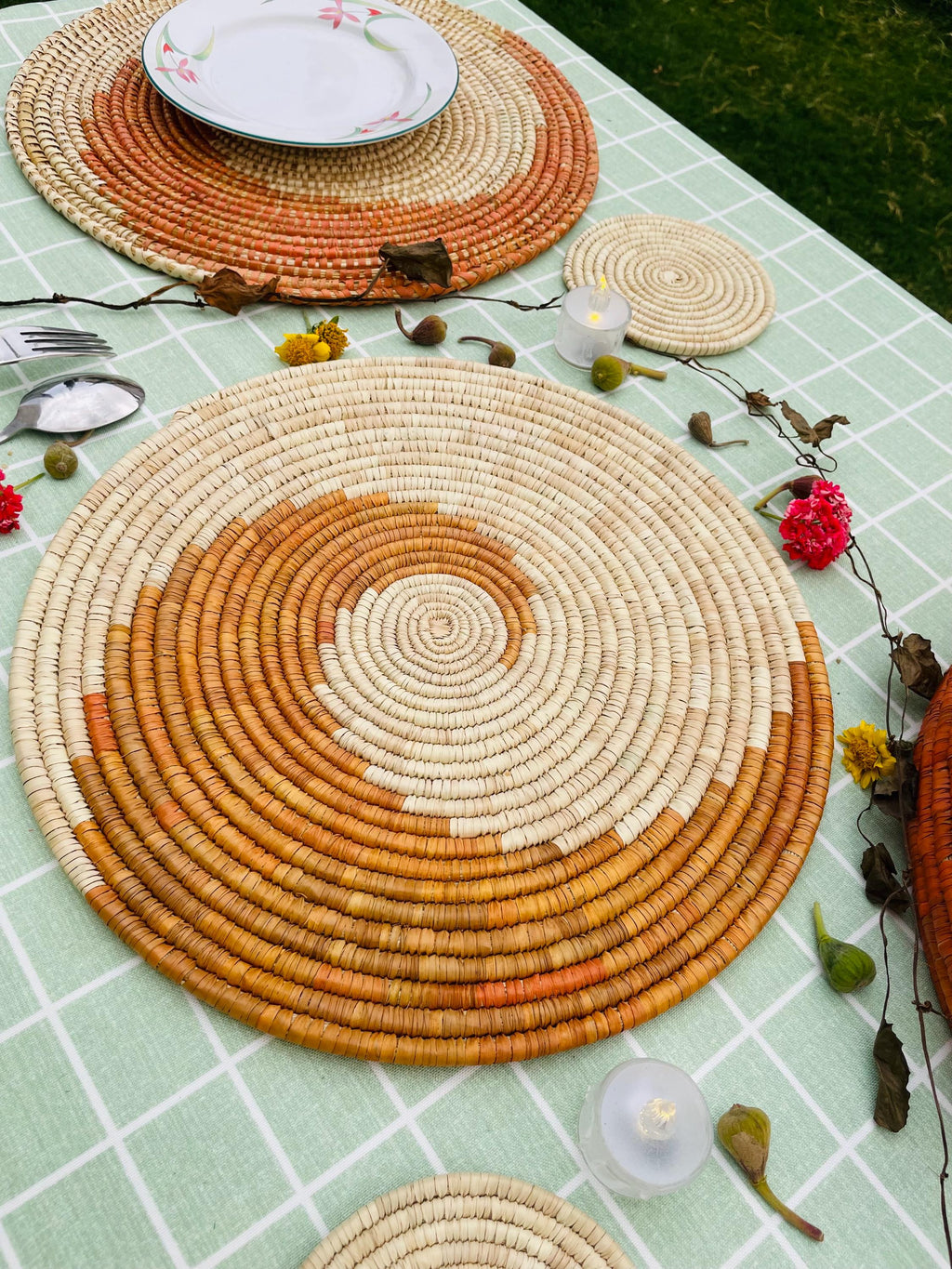 HandWoven Spiral Placemats, Orange Placemats Round, Boho Placemats Set, Eco Friendly Placemats, Rustic Placemat 14 in, Fall Table Decor