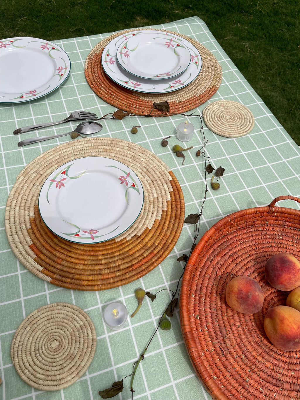 HandWoven Spiral Placemats, Orange Placemats Round, Boho Placemats Set, Eco Friendly Placemats, Rustic Placemat 14 in, Fall Table Decor