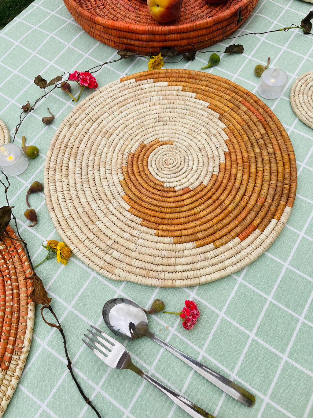 Boho Spiral Placemats with Coasters, Orange Round Placemats, Eco Friendly Woven Straw Placemats, 14 inch Table Mat, Fall Table Decor
